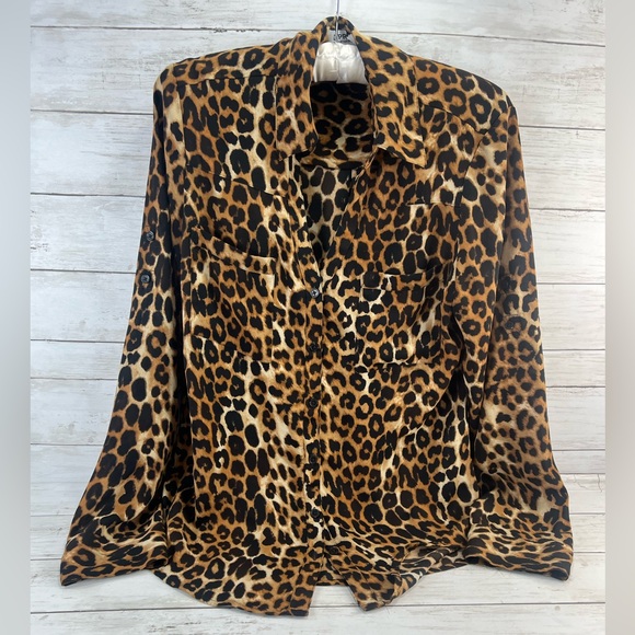 Express Tops - Express Portofino Shirt  Small Brown Black Leopard Button Career Casual